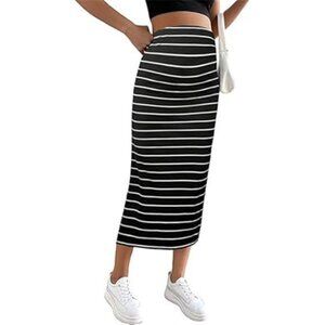 Women's Skirt Rib Knit High Waist Long Skirt Black White